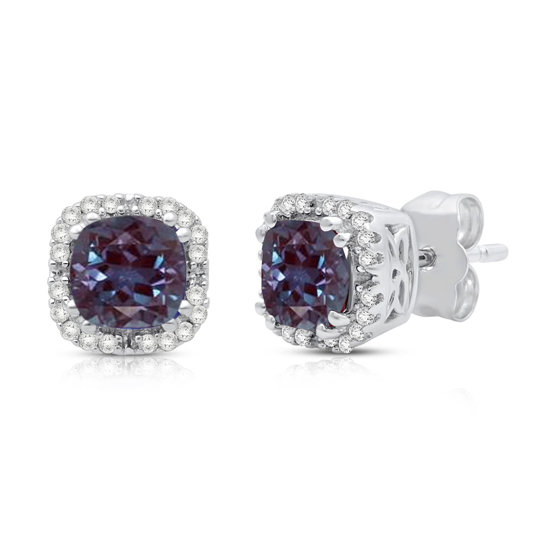 Jewelili Stud Earrings with Round Natural Diamonds and Cushion Created Alexandrite in 10K White Gold 1/10 CTTW View 1