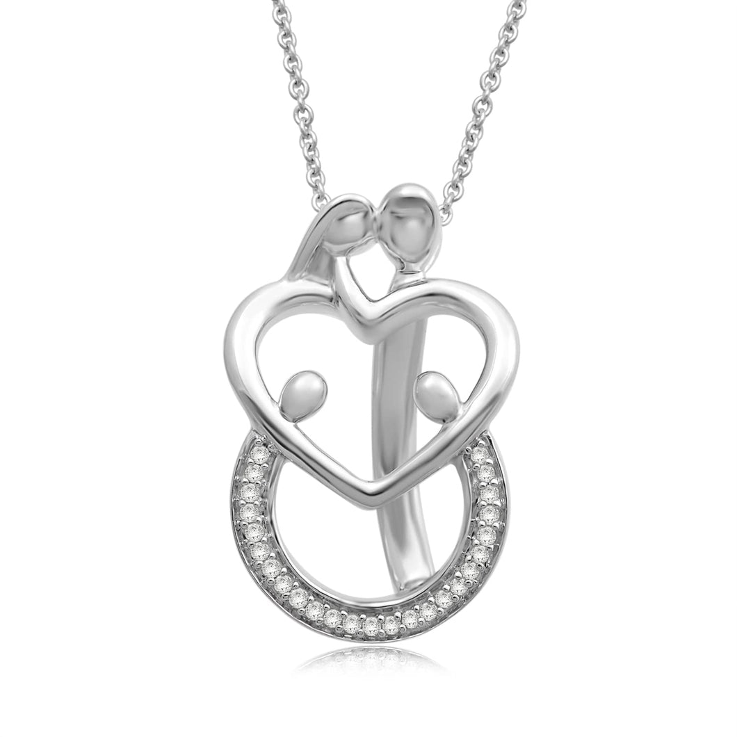 Jewelili Sterling Silver 1/10 CTTW Diamonds Parents with Two Children Pendant Necklace