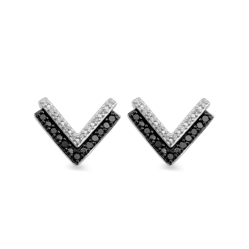 Jewelili "V" Shape Stud Earrings with Treated Black and Natural White Round Diamonds in Sterling Silver 1/6 CTTW View 2