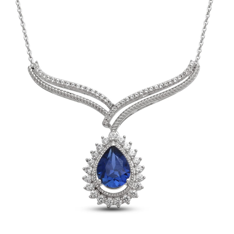 Jewelili Sterling Silver With Created Blue Sapphire and Created White Sapphire Drop Shape Necklace