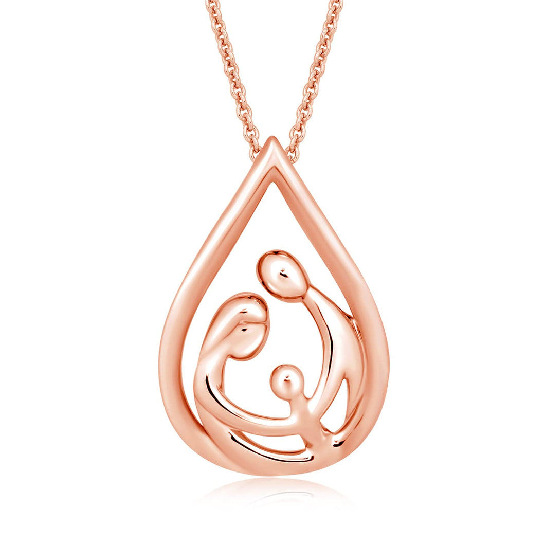 Jewelili 14K Rose Gold Over Sterling Silver With Parent and One Child Family Teardrop Pendant Necklace