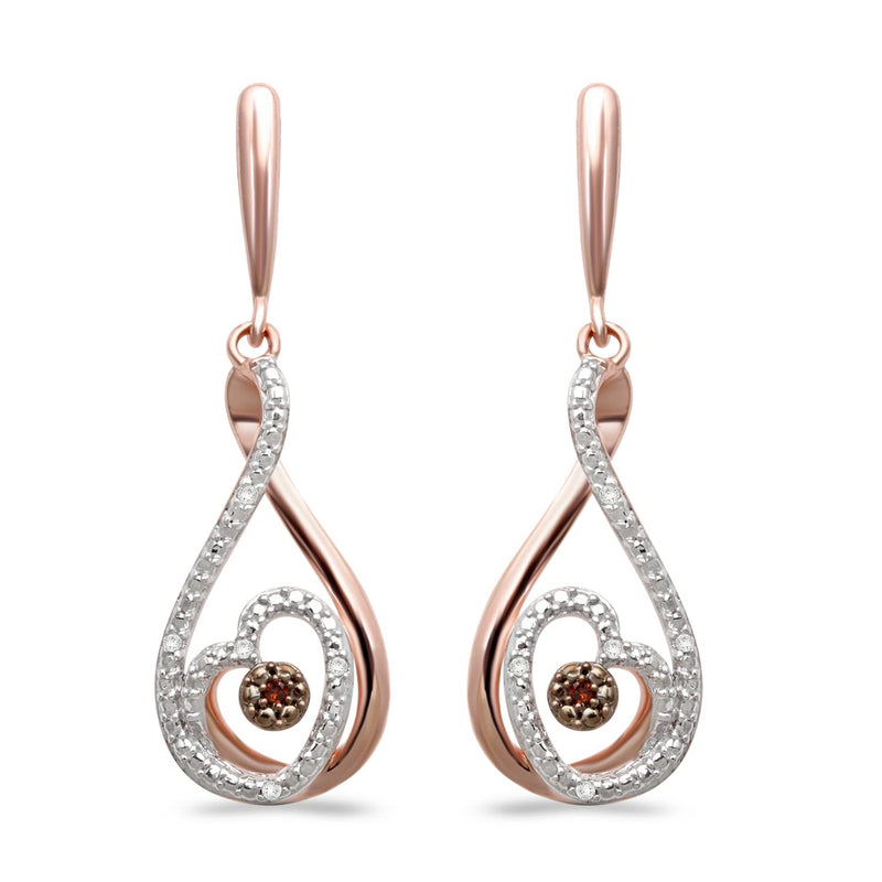 Jewelili Dangle Earrings with Natural White Round and Cognac Diamonds in Rose Gold over Sterling Silver View 2