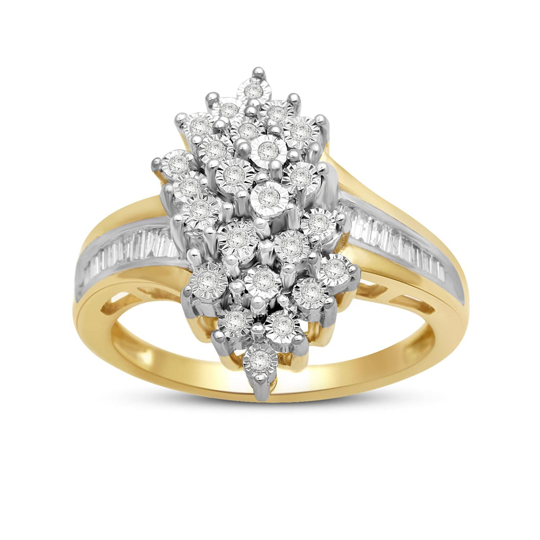 Jewelili Yellow Gold over Sterling Silver With 1/4 CTTW Natural White Diamonds Cluster Ring