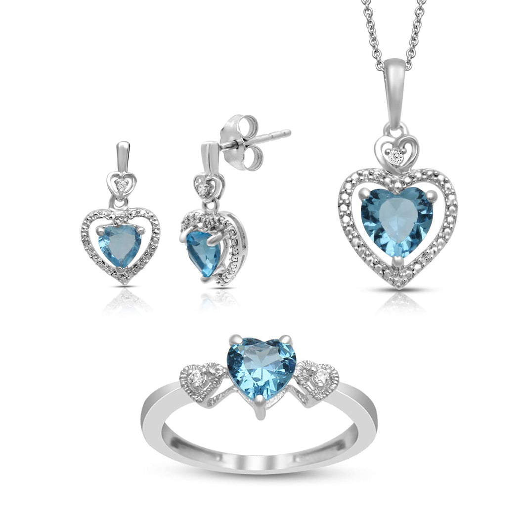 Jewelili Cubic Zirconia Ring, Earrings and Pendant Necklace Jewelry Set with Heart Swiss Blue Topaz and Round in Sterling Silver View 1