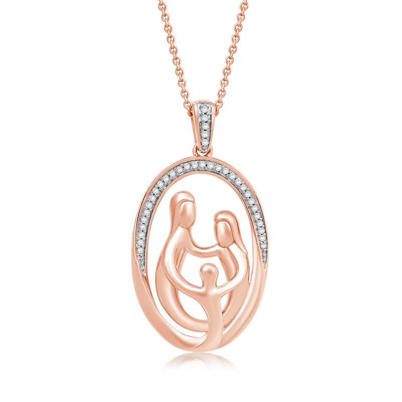 Jewelili Parents with One Child Family Pendant Necklace with Natural White Round Diamonds in 14K Rose Gold over Sterling Silver 1/10 CTTW View 1