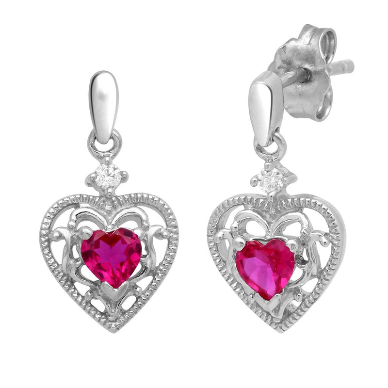 Jewelili Cubic Zirconia Filigree Heart Dangle Earrings with Created Ruby and White Cubic over Sterling Silver 