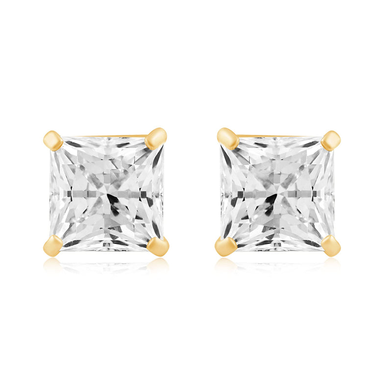 Jewelili Stud Earrings with Princess Cut Cubic Zirconia in 10K Yellow Gold View 2