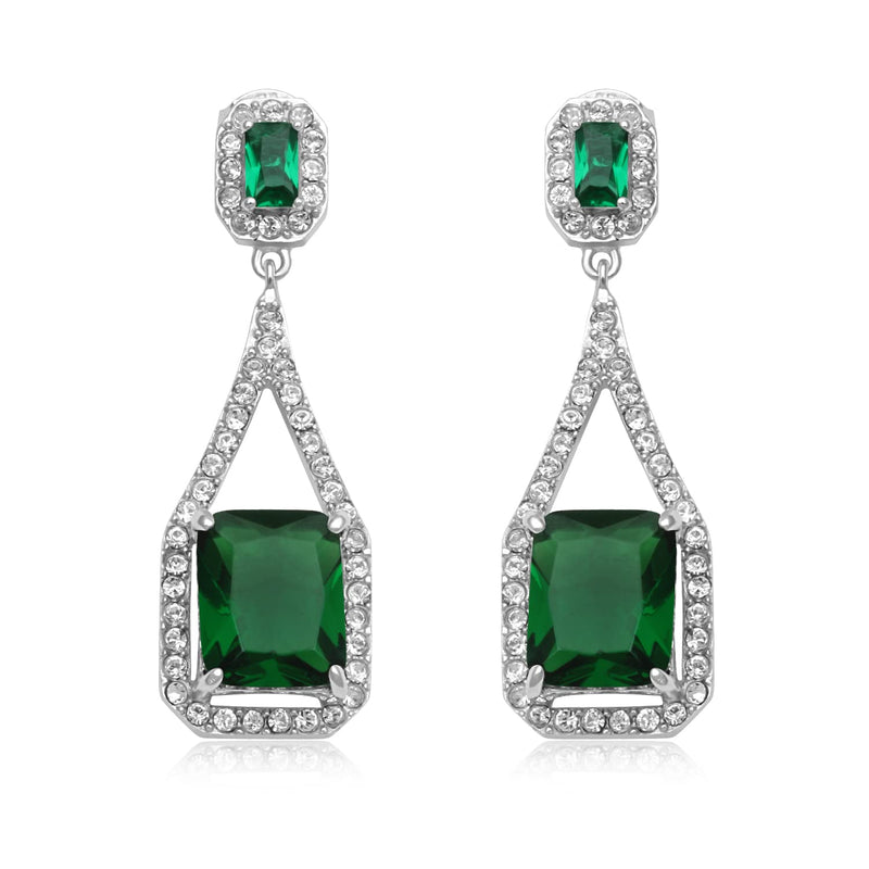 Jewelili Long Dangle Earrings with Octagon Simulated Green Glass Emerald and Clear Crystal in Sterling Silver View 3
