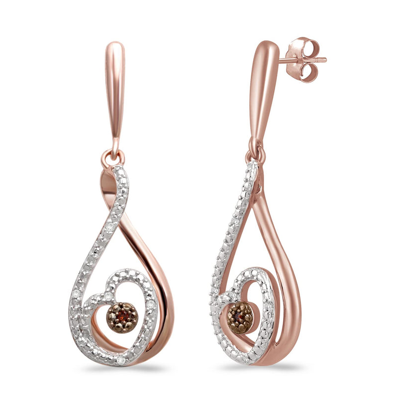 Jewelili Dangle Earrings with Natural White Round and Cognac Diamonds in Rose Gold over Sterling Silver View 3