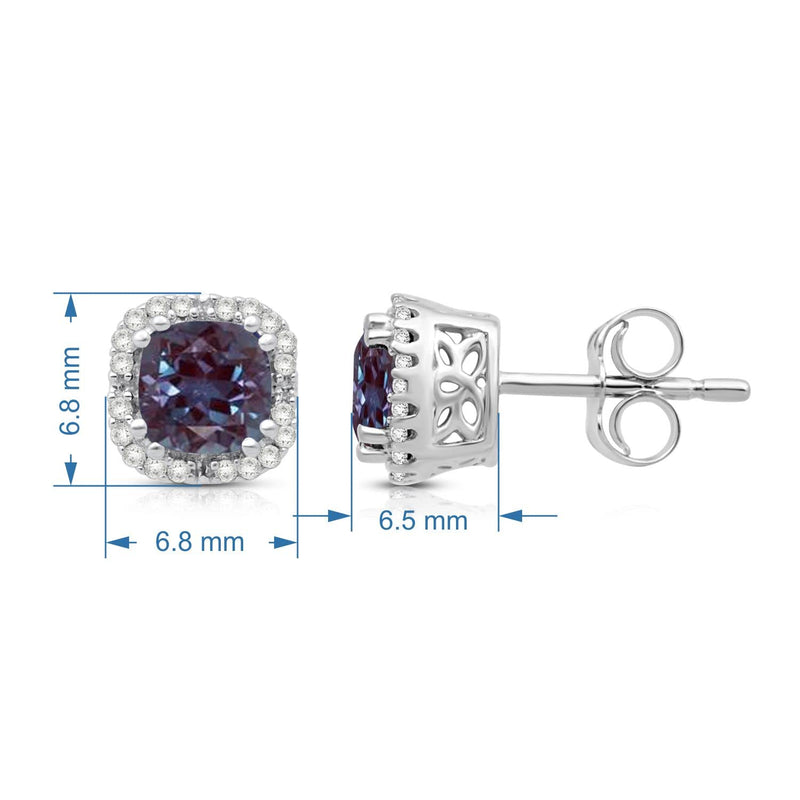 Jewelili Stud Earrings with Round Natural Diamonds and Cushion Created Alexandrite in 10K White Gold 1/10 CTTW View 5