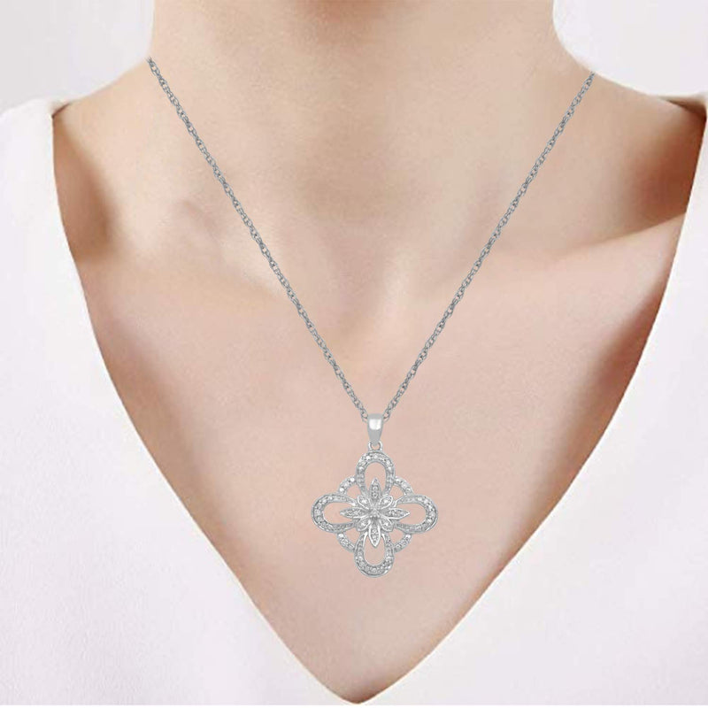 Jewelili Sterling Silver with 1/10 CTTW Natural White Diamond Pendant Necklace