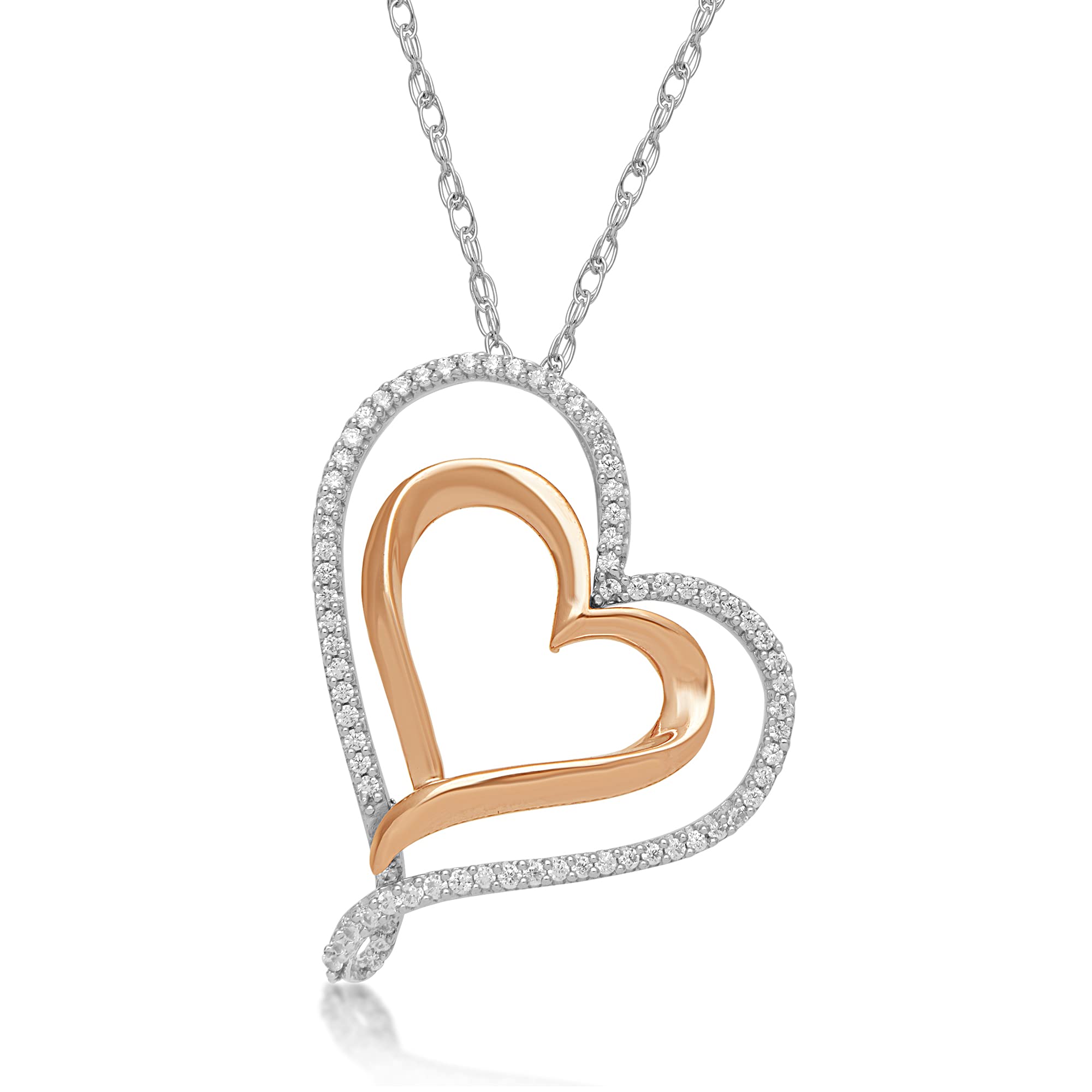 Jewelili Double Heart Pendant Necklace with Natural White Diamonds