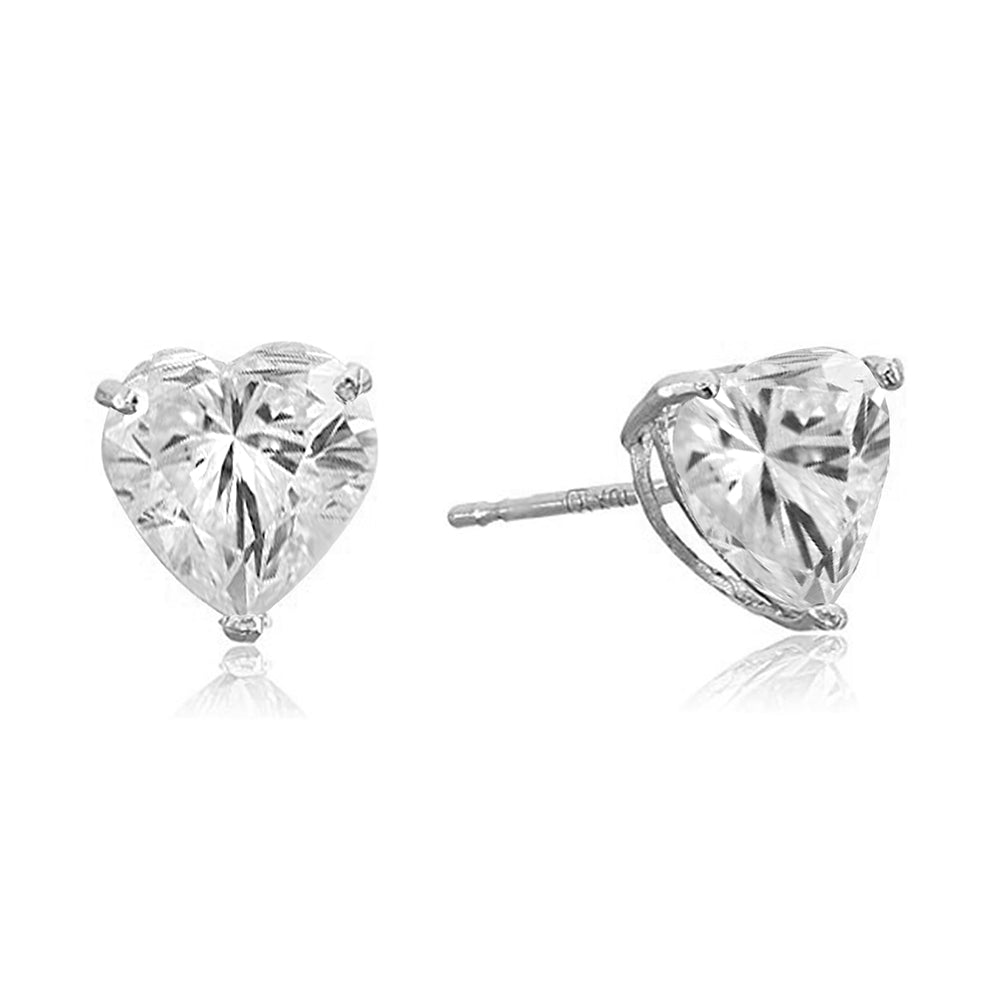 Jewelili 10K White Gold 6.0mm Heart White Cubic Zirconia Stud Earrings