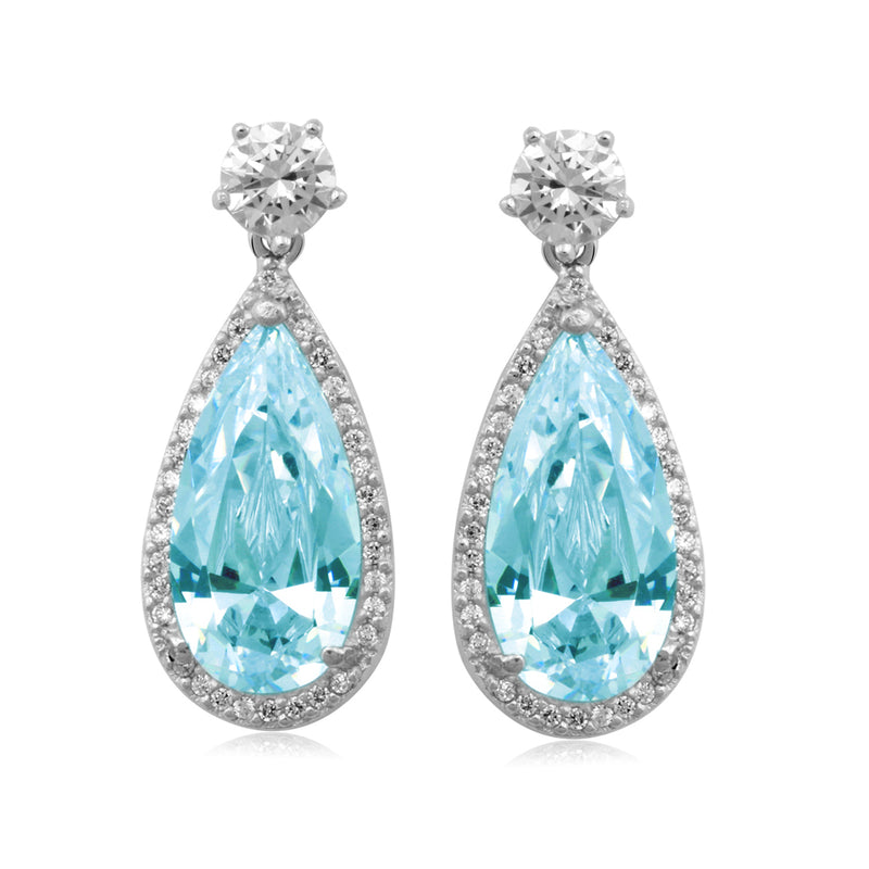 Jewelili Sterling Silver with Simulated Aquamarine and Cubic Zirconia Dangle Earrings