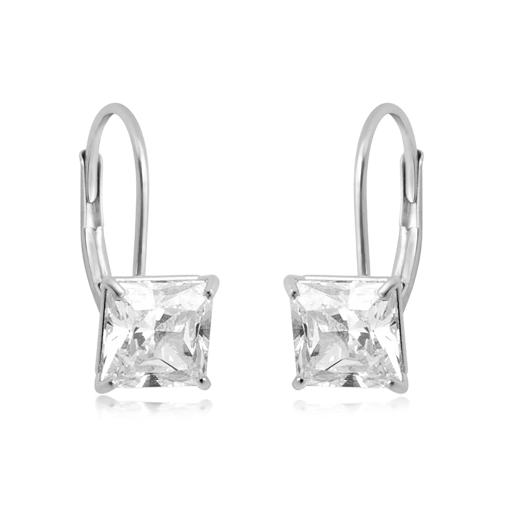 Jewelili Princess Shape Leverback Earrings with Cubic Zirconia in 10K White Gold View 1