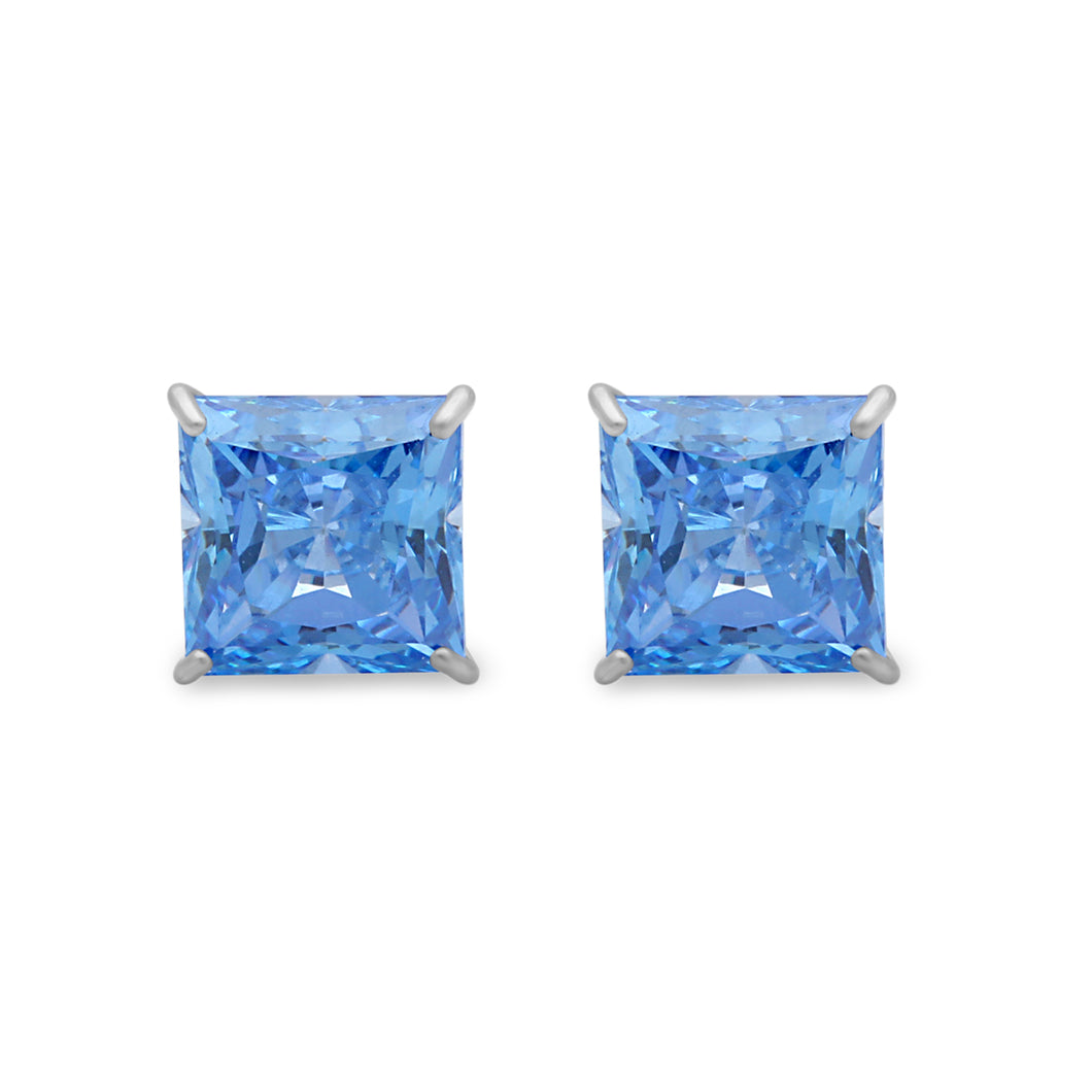 Jewelili Blue Cubic Zirconia Stud Earrings with Princess Cut in 10K Yellow Gold