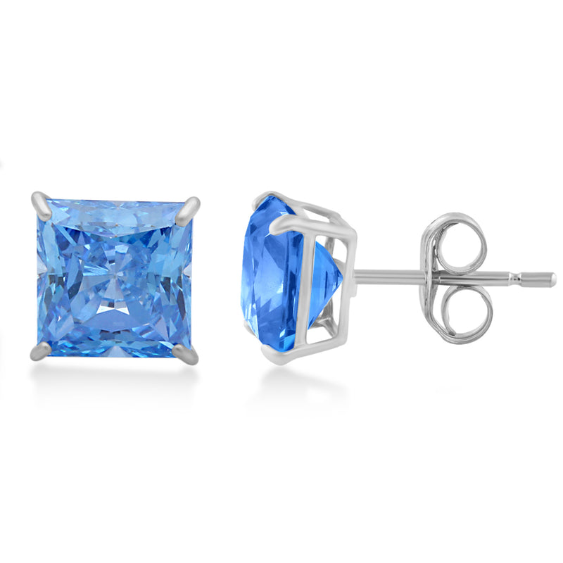 Jewelili Blue Cubic Zirconia Stud Earrings with Princess Cut in 10K Yellow Gold View 1