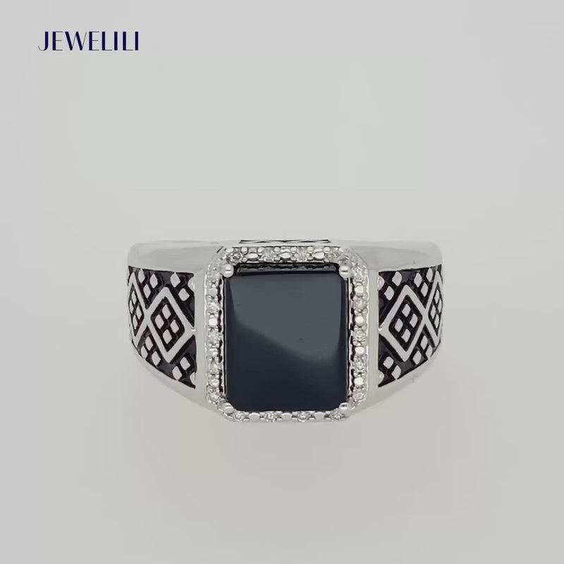 Jewelili Men's Ring with Cushion Black Onyx and Natural White