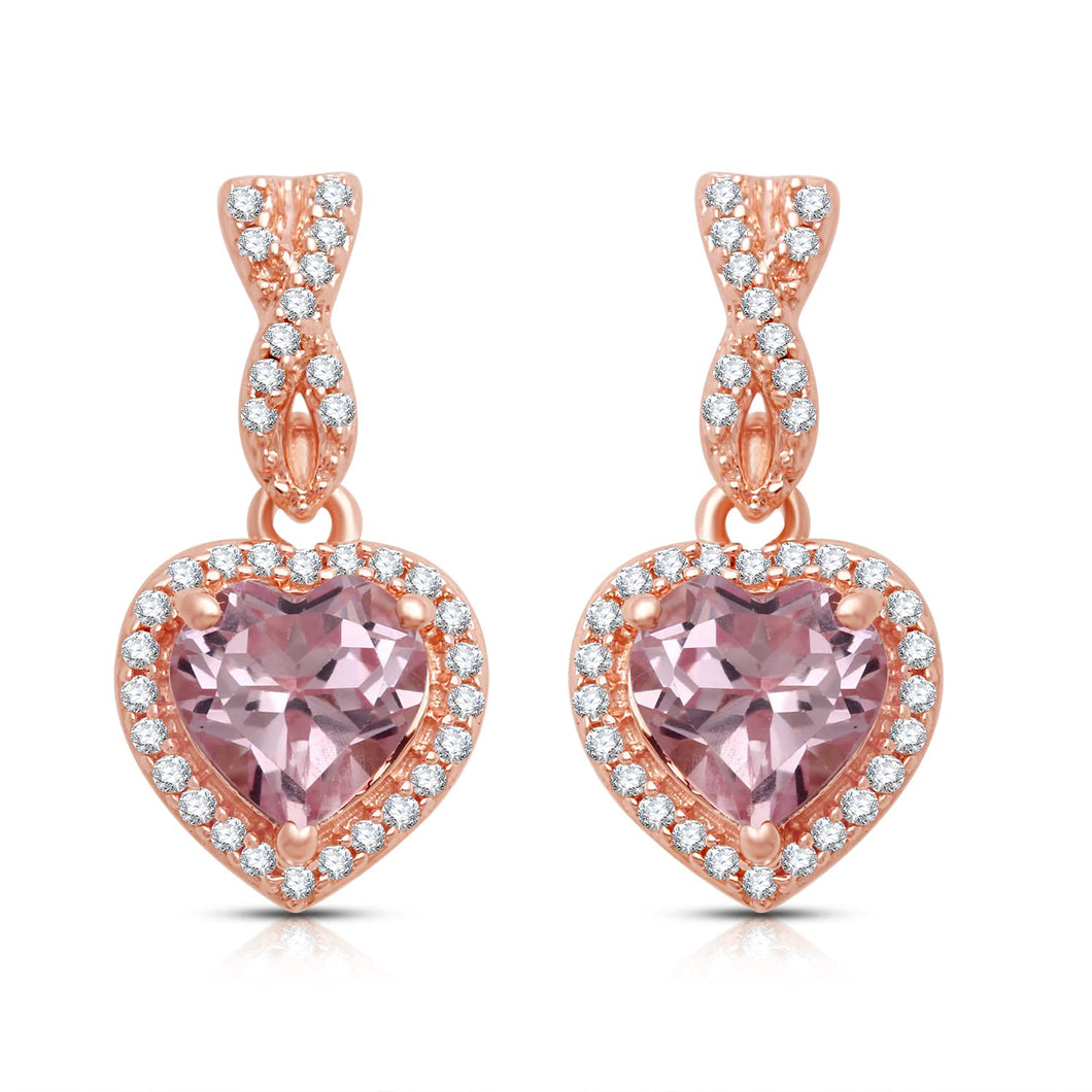 Jewelili Dangle Earrings with Created Morganite and Created White Sapphire in Rose Gold over Sterling Silver View 1