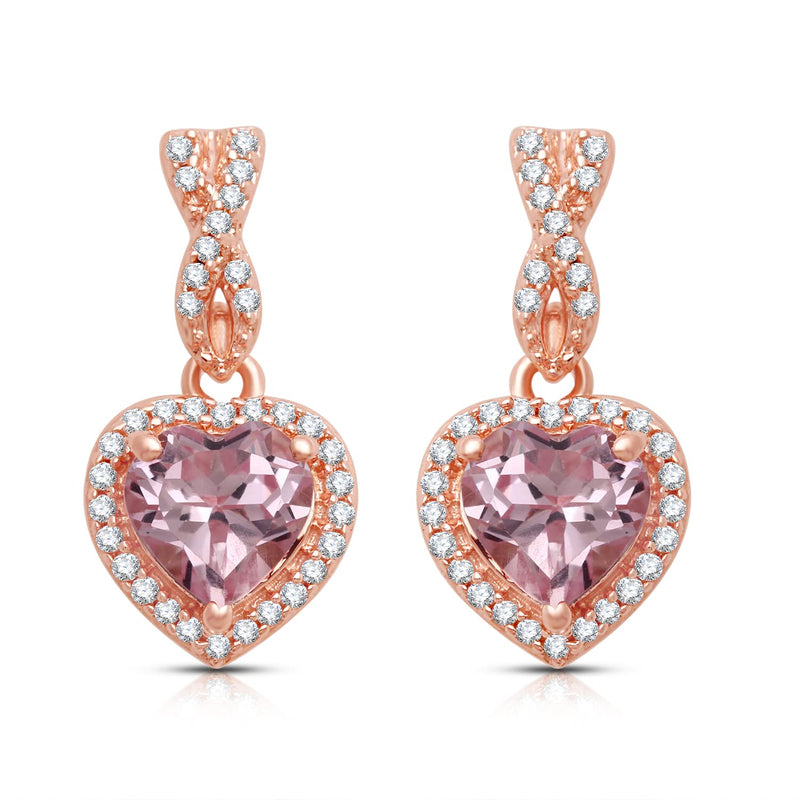 Jewelili Dangle Earrings with Created Morganite and Created White Sapphire in Rose Gold over Sterling Silver View 1