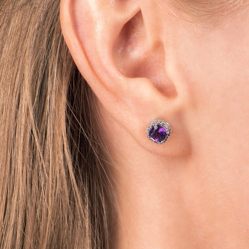 Jewelili Stud Earrings with Round Natural Diamonds and Cushion Created Alexandrite in 10K White Gold 1/10 CTTW View 2