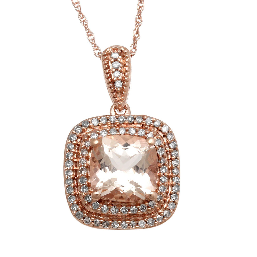 Jewelili Pendant Necklace with Morganite and Natural White Diamonds in 10K Rose Gold 1/5 CTTW