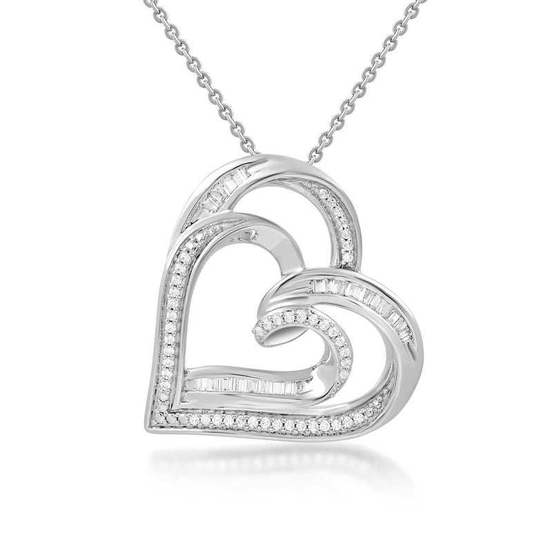 Jewelili Sterling Silver With 1/4 CTTW Natural Round and Baguette Diamonds Double Heart Pendant Necklace