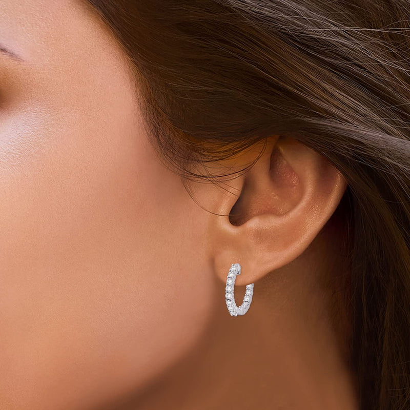 Jewelili Hoop Earrings with Cubic Zirconia in Sterling Silver View 4