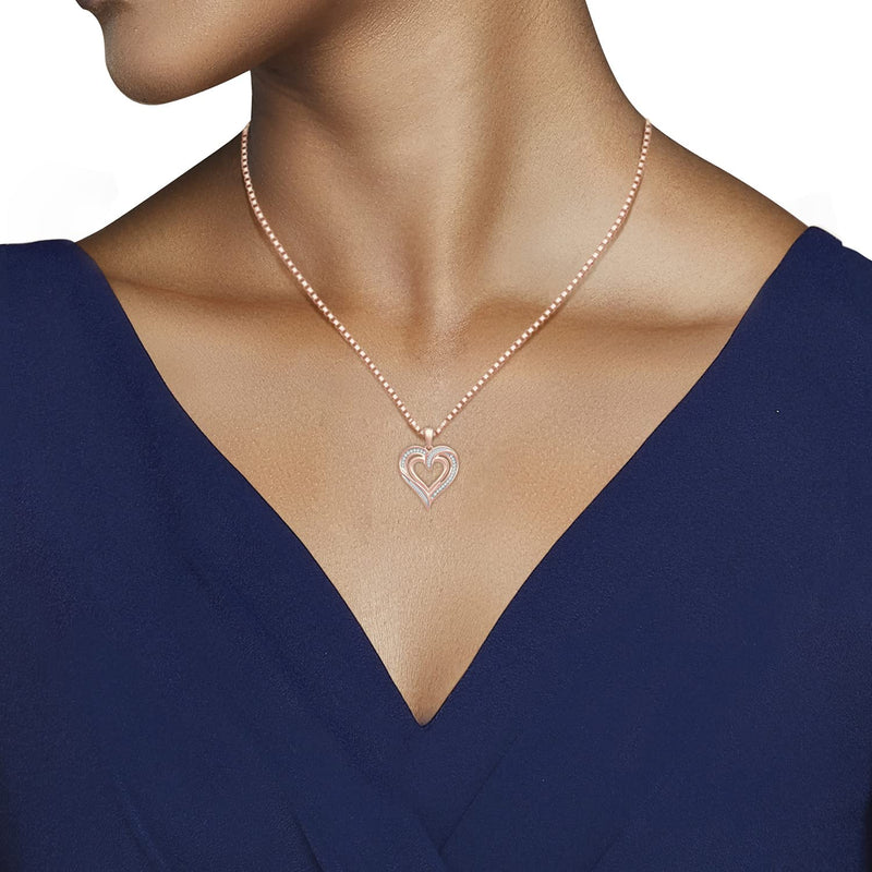 Jewelili Heart Pendant Necklace with Round and Baguettes Natural Diamonds in 14K Rose Gold over Sterling Silver 1/4 CTTW View 5