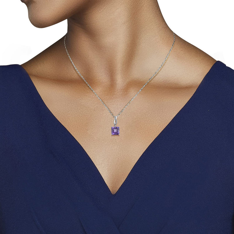 Jewelili Sterling Silver With Octagon Amethyst and Created White Sapphire Pendant Necklace