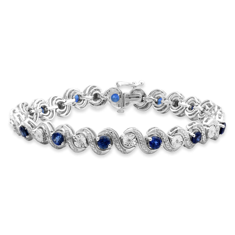 Jewelili Bracelet with Diamonds and Created Ceylon Sapphire in Sterling Silver 1/10 CTTW View 1