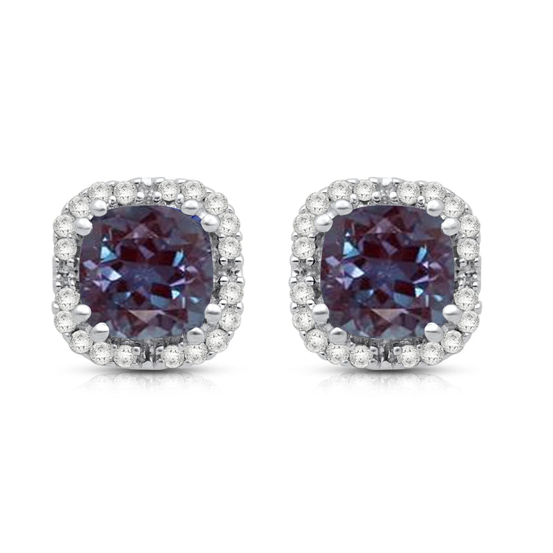 Jewelili Stud Earrings with Round Natural Diamonds and Cushion Created Alexandrite in 10K White Gold 1/10 CTTW View 4