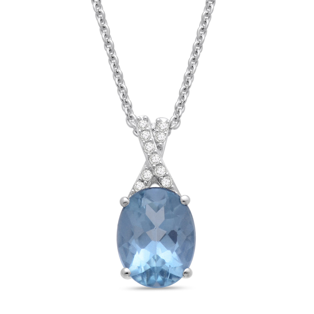 Jewelili Sterling Silver Oval Cut Aquamarine and Round Created White Sapphire Pendant Necklace