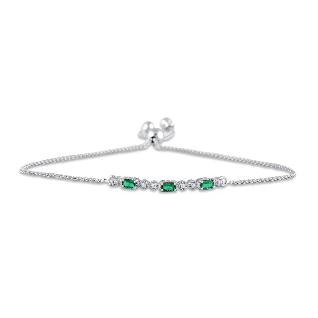 Jewelili Sterling Silver 4x2 MM Baguette Simulated Green Emerald and Round Created White Sapphire Bolo Bracelet, 9.5