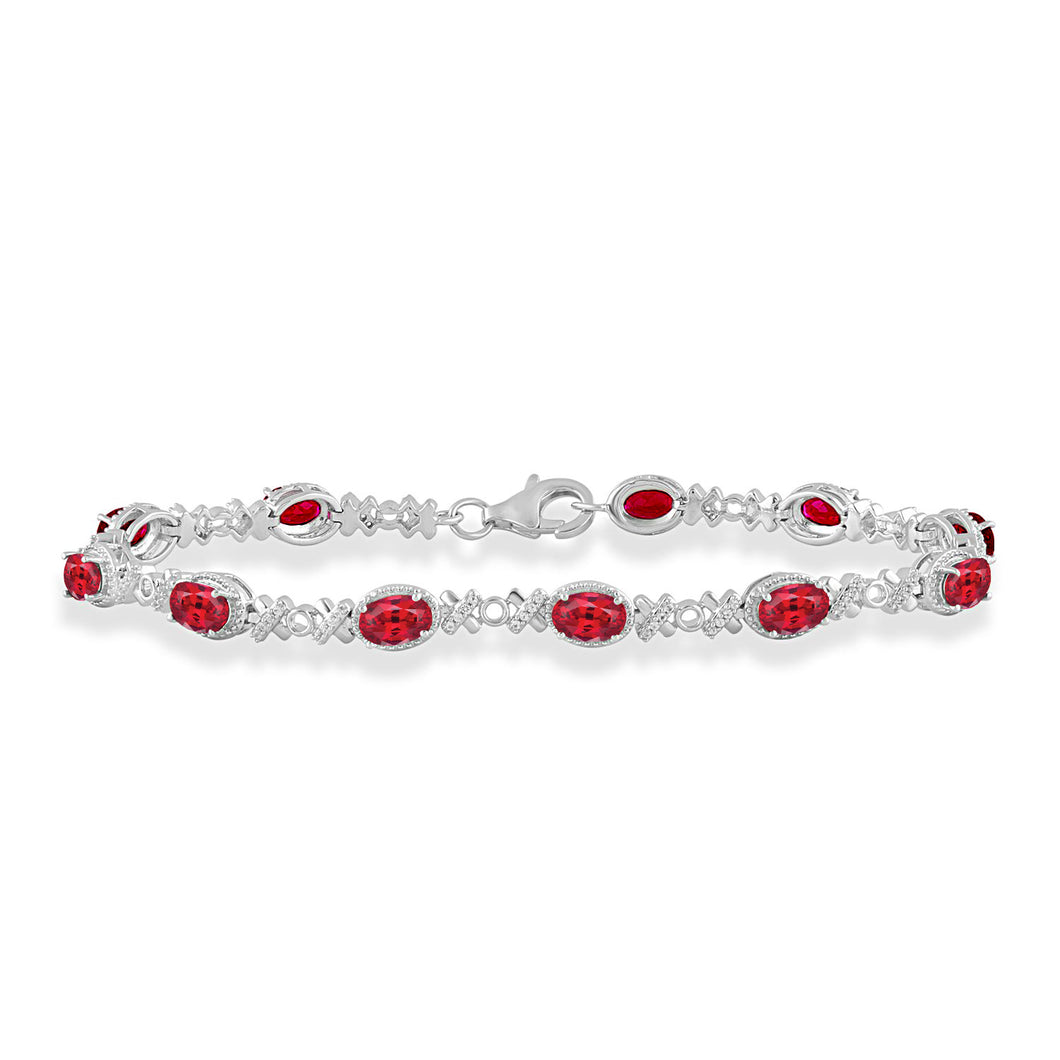 Jewelili Bracelet in Sterling Silver with Oval Created Ruby and Round Created White Sapphire View 1