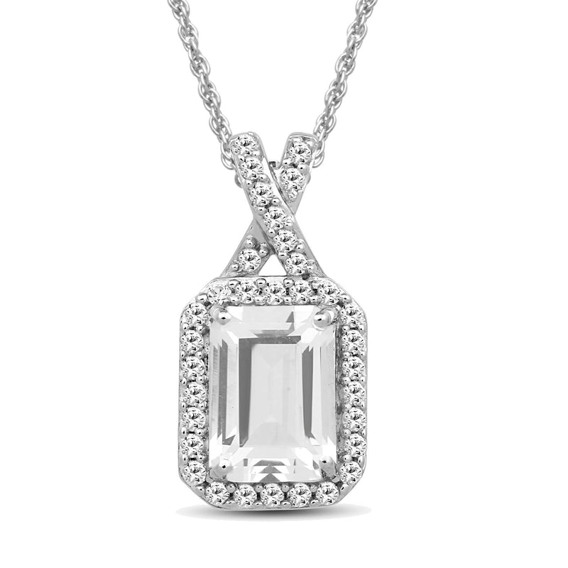 Jewelili Octagon White Sapphire Pendant in Sterling Silver- View 1