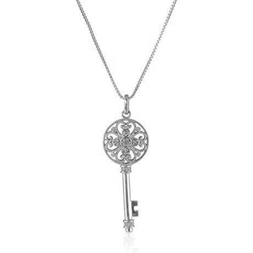 Jewelili Heart, Lock and Key Charm Pendant Toggle Necklace with Natural White Diamond in Sterling Silver 1/5 Cttw