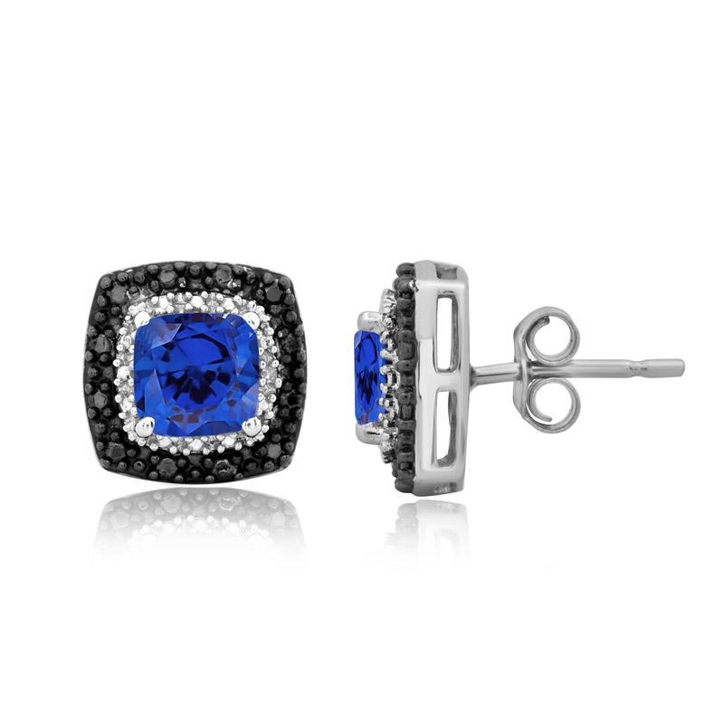 Jewelili Sterling Silver with Cushion Shape Created Blue Sapphire and Treated Black with Natural White Diamonds Stud Earrings