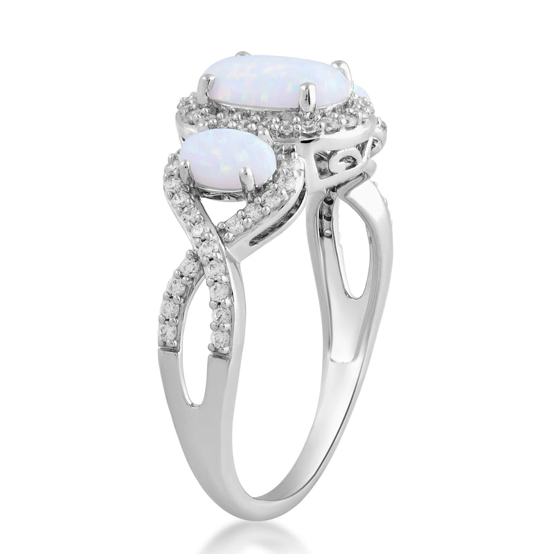 Jewelili Sterling Silver With Created Opal and Created White Sapphire Three Stone Engagement Ring