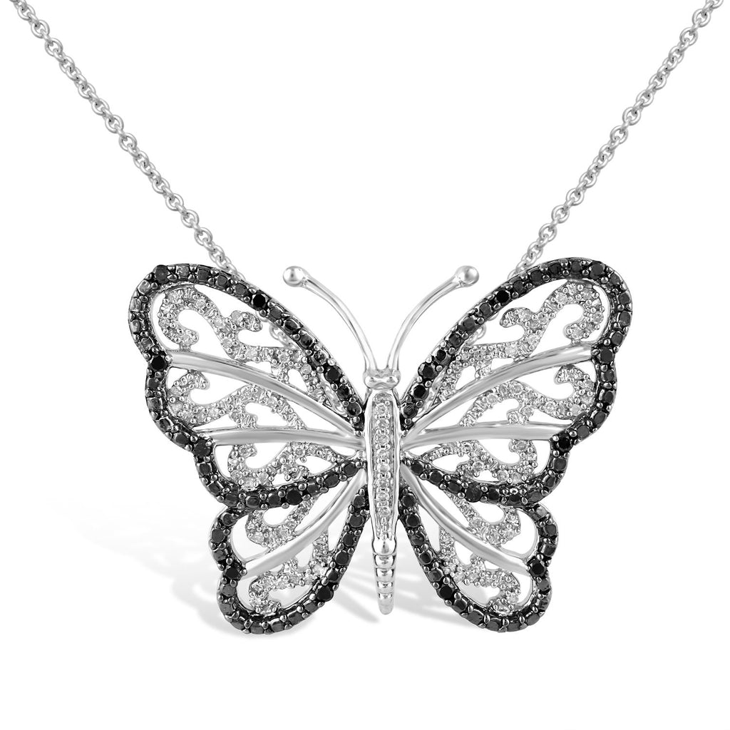 Jewelili Sterling Silver With 1/3 CTTW Treated Black Diamonds and White  Diamonds Butterfly Pendant Necklace