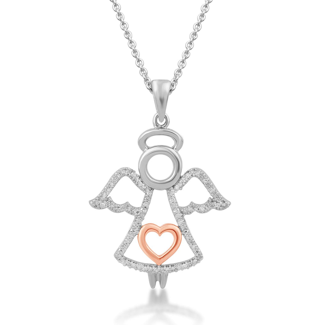 Jewelili 14K Rose Gold Over Sterling Silver 1/5 CTTW Diamonds Angel with Heart Pendant Necklace