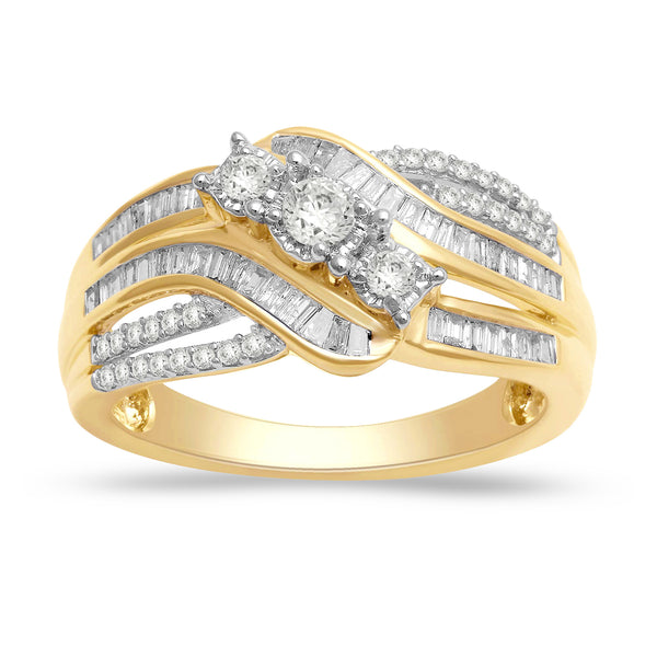 Jewelili 10K Yellow Gold 1/2 CTTW Baguette and Round Natural