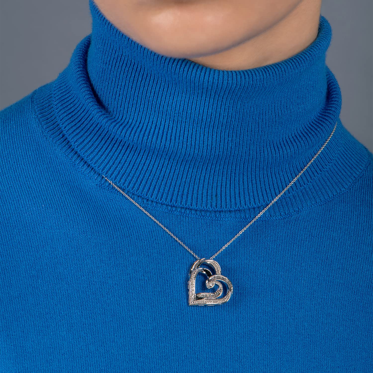 Jewelili Baguette Diamond Round Heart Pendant Necklace 1/4 CTTW in