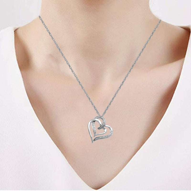 Jewelili Sterling Silver With Natural White Round Diamonds Heart Shape Pendant Necklace