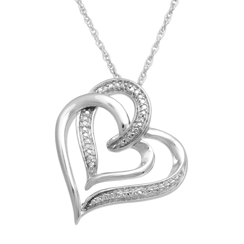 Jewelili Sterling Silver With Natural White Round Diamonds Heart Shape Pendant Necklace