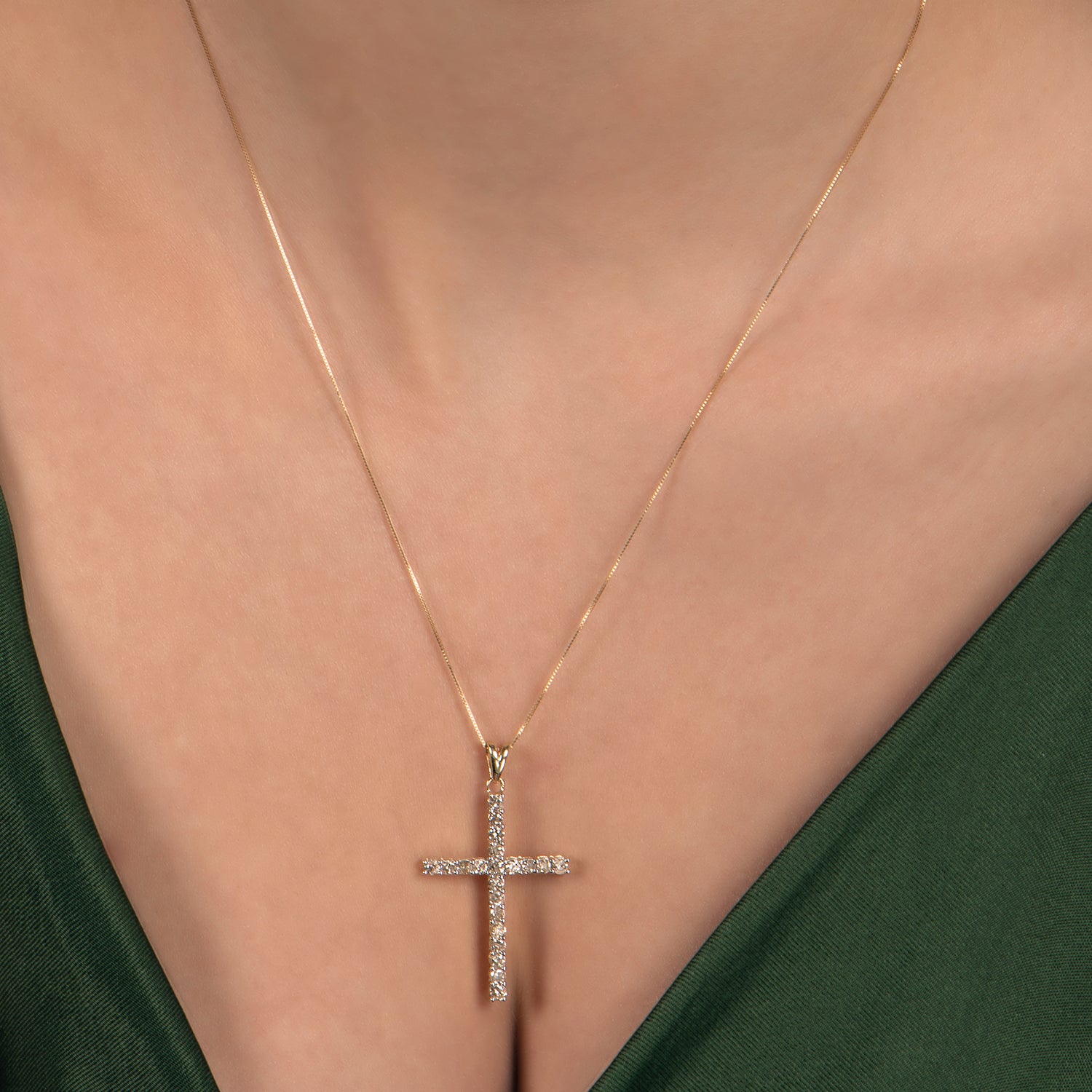 Jewelili Cross Pendant Necklace in 10K Yellow Gold with 1/2 Cttw