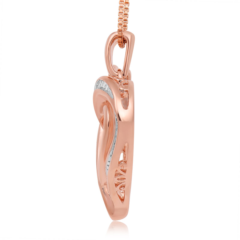 Jewelili Heart Pendant Necklace with Round and Baguettes Natural Diamonds in 14K Rose Gold over Sterling Silver 1/4 CTTW View 2