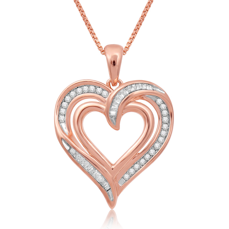 Jewelili Heart Pendant Necklace with Round and Baguettes Natural Diamonds in 14K Rose Gold over Sterling Silver 1/4 CTTW View 1