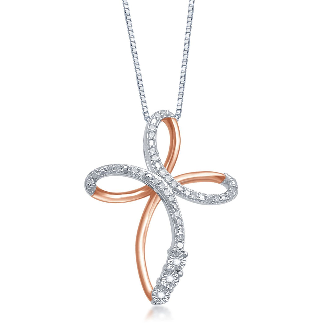 Jewelili 14K Rose Gold Over Sterling Silver with 1/10 CTTW Natural White Round Diamonds Cross Pendant Necklace