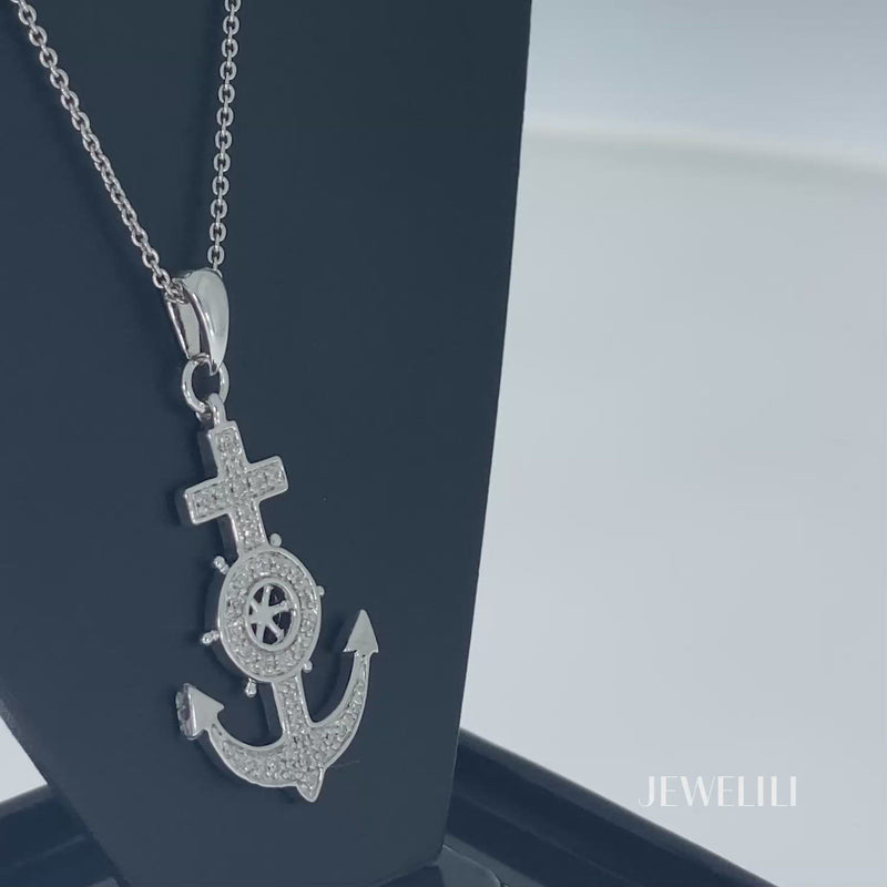 Jewelili Anchor Necklace Diamond Jewelry in Sterling Silver